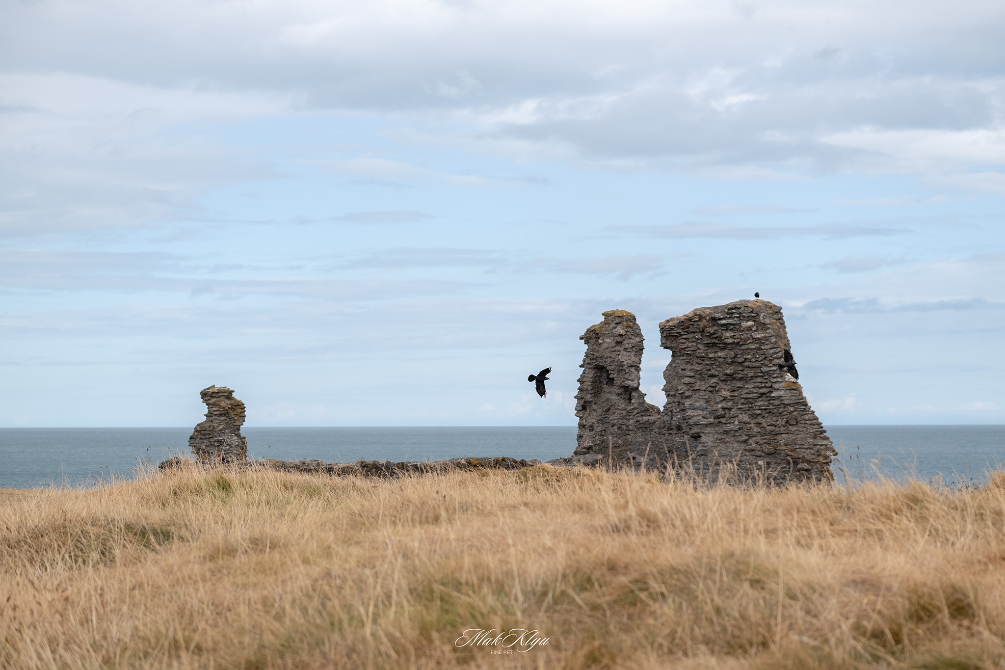 Secluded pebble beach between steep dark cliffs along a calm coastal bay