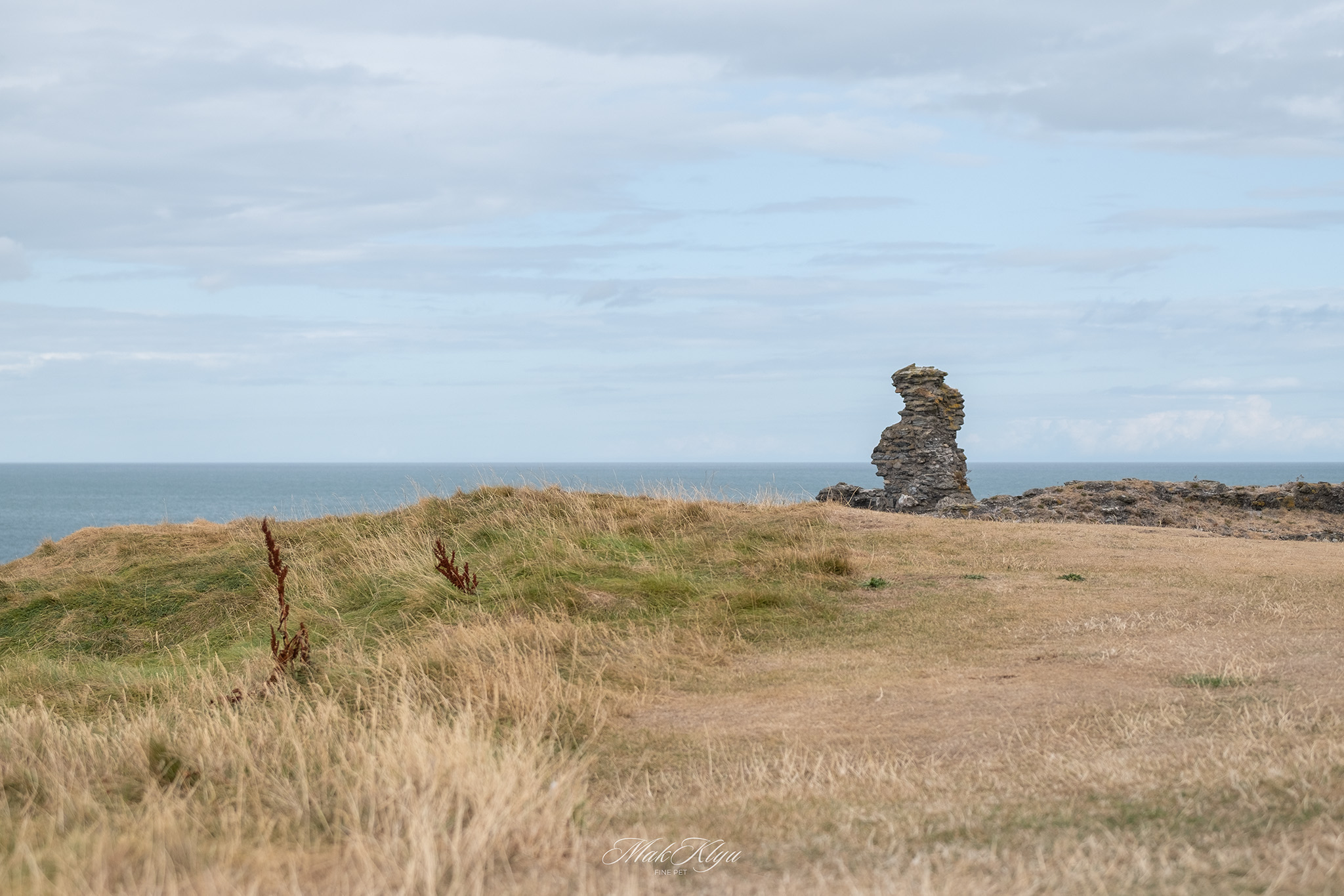 Weathered stone pillar standing in dry coastal grass beside an open path overlooking the sea